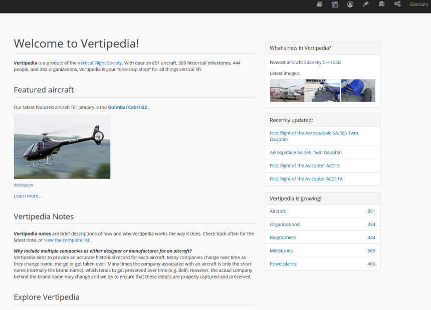 Vertipedia Home Page Screenshot